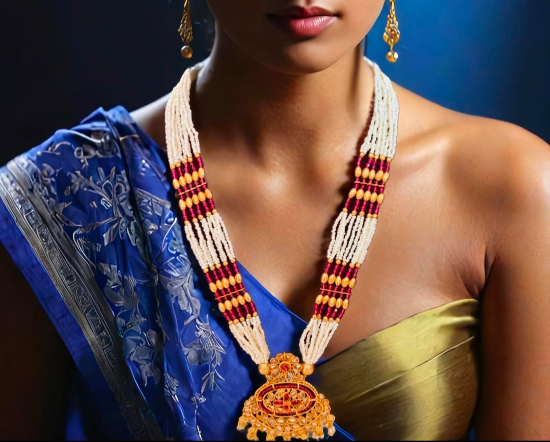 Rani White beads kundan long set