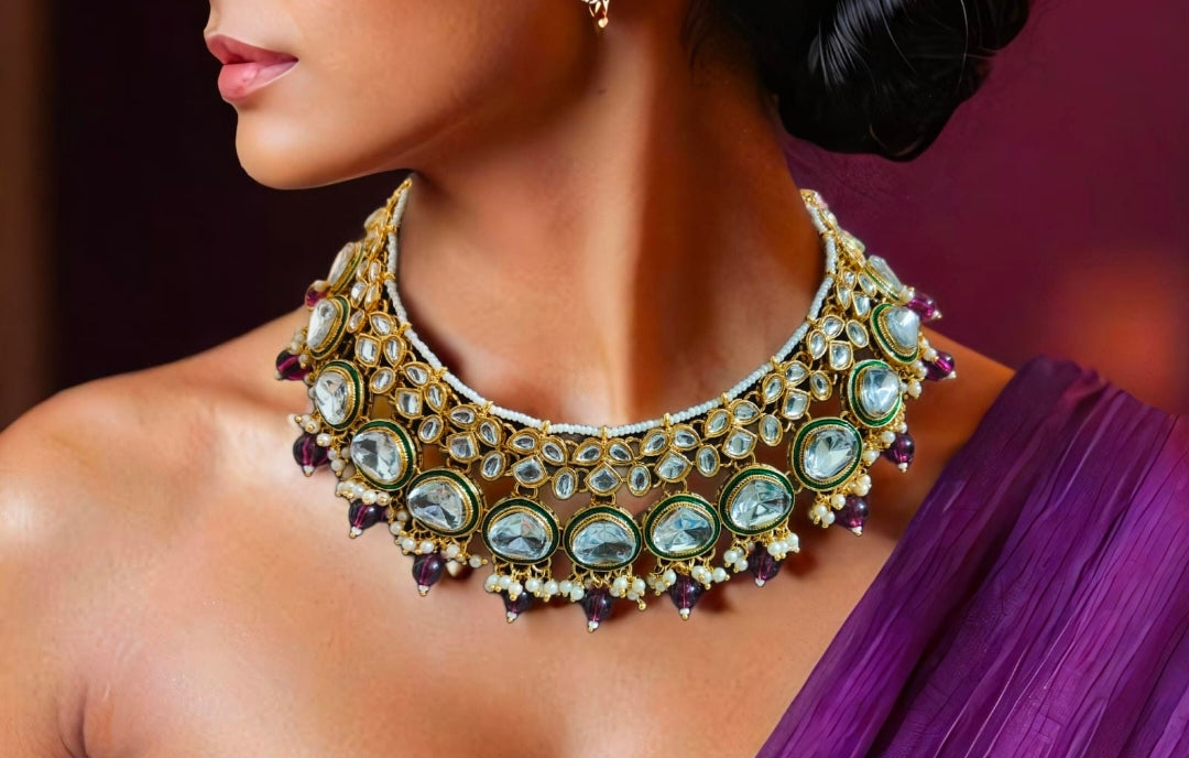 Purple colour pearl kundan set