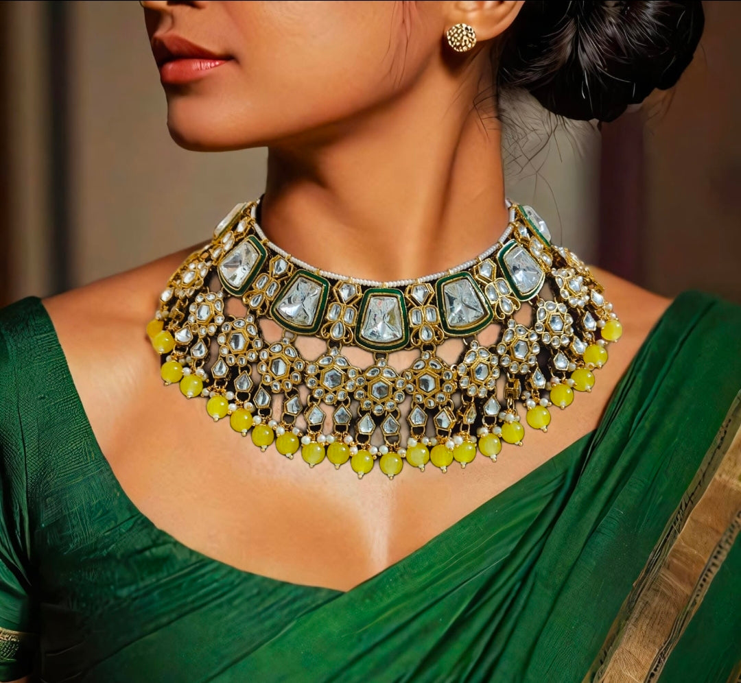 Kundan yellow beads set